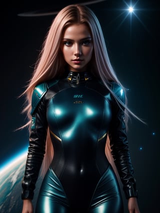 sci-fi, closeup portrait photo of very young beautiful woman in space combat clothes, face, long hair, slim body, 8k uhd, high quality, film grain
