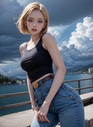 (masterpiece, best quality), android18, earrings, denim, belt, short jeans, lora:android_18:1, outdoor, day, thunderstorm in background, black cloud, android18