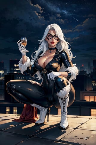 (masterpiece, best quality, ultra detailed, absurdres)1.5, 1girl, (sexy, beautiful woman, perfect face, perfect eyes, perfect female body, huge breasts)1.5, (CARTOON_felicia_blackcat_ownwaifu, www.ownwaifu.com, very long hair, white hair, lipstick, makeup, collarbone, red lips, claws, mask, black bodysuit, domino mask, white gloves, black choker, black collar, superhero, white fur trim, cleavage, navel, skin tight, zipper, spiked collar, unzipped, jewelry, latex, shiny, center opening, white boots, high-heel boots, covered nipples, cameltoe, lora:CARTOON_felicia_blackcat_ownwaifu-15:1), (squatting, outdoors, rooftop, New York skyline in background, night sky), perfect lighting, smooth, hdr
,felicia_blackcat_aiwaifu