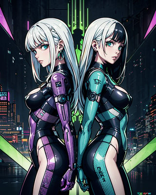 beautiful, linework, thick outlines, strong shadows, 
movie poster of (2girls, twin girls:1.1), long white multicolored hair, back-to-back, posing, confident, closeup shot, looking at viewer, standing, cyberpunk assassin outfit, techwear, advanced technology, dark dystopia, mechanical parts, neon, earrings, amethyst jewels, northern lights in background,