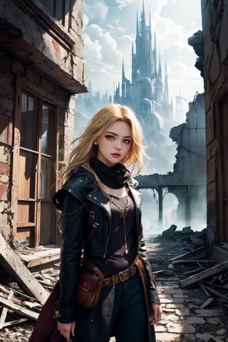 (masterpiece, best quality), 1girl, blonde hair, sidelocks, fantasy, post-apocalypse, ruins, scenery, light particle, messy hair,