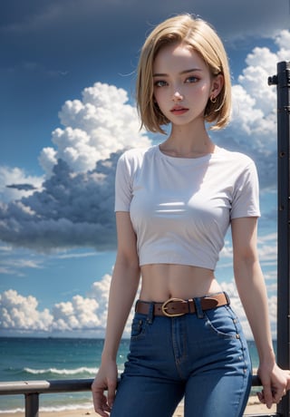 (masterpiece, best quality), android18, earrings, denim, belt, short jeans, lora:android_18:1, outdoor, day, thunderstorm in background, cloud, android18