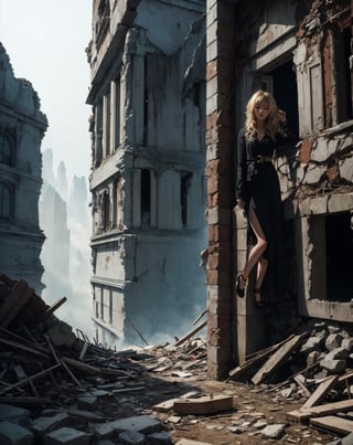 (masterpiece, best quality), 1girl, blonde hair, sidelocks, fantasy, post-apocalypse, ruins, scenery, light particle, messy hair,