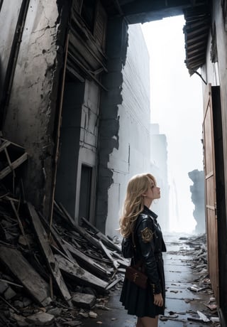 (masterpiece, best quality), 1girl, blonde hair, sidelocks, fantasy, post-apocalypse, ruins, scenery, light particle, messy hair,