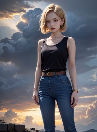 (masterpiece, best quality), android18, earrings, denim, belt, short jeans, lora:android_18:1, outdoor, day, thunderstorm in background, black cloud, android18