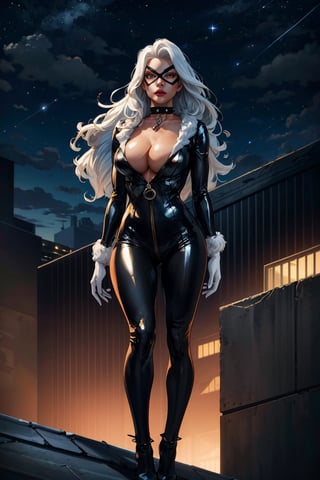 (masterpiece, best quality, ultra detailed, absurdres)1.5, 1girl, (sexy, beautiful woman, perfect face, perfect eyes, perfect female body, huge breasts)1.5, (CARTOON_felicia_blackcat_ownwaifu, www.ownwaifu.com, very long hair, white hair, lipstick, makeup, collarbone, red lips, claws, mask, black bodysuit, domino mask, white gloves, black choker, black collar, superhero, white fur trim, cleavage, skin tight, zipper, spiked collar, unzipped, jewelry, latex, shiny, center opening, white boots, high-heel boots, lora:CARTOON_felicia_blackcat_ownwaifu-15:1), (standing, rooftop, outdoors, New York skyline in background, night sky), perfect lighting, smooth, hdr
