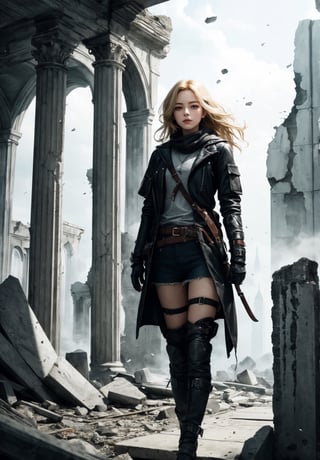 (masterpiece, best quality), 1girl, blonde hair, sidelocks, fantasy, post-apocalypse, ruins, scenery, light particle, messy hair,