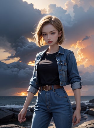 (masterpiece, best quality), android18, earrings, denim, belt, short jeans, lora:android_18:1, outdoor, day, thunderstorm in background, black cloud, android18