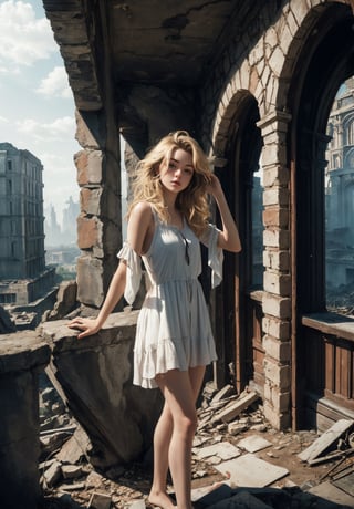 (masterpiece, best quality), 1girl, blonde hair, sidelocks, fantasy, post-apocalypse, ruins, scenery, light particle, messy hair,