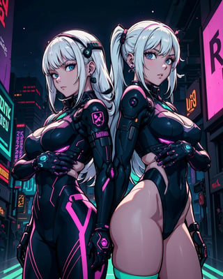 beautiful, linework, thick outlines, strong shadows, 
movie poster of (2girls, twin girls:1.1), long white multicolored hair, back-to-back, posing, confident, closeup shot, looking at viewer, standing, cyberpunk assassin outfit, techwear, advanced technology, dark dystopia, mechanical parts, neon, earrings, amethyst jewels, northern lights in background,