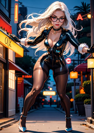 (full body:1.4), photo of a lady, CARTOON_felicia_blackcat_ownwaifu, (solo focus:1.4),  (look at viewer:1.2), long hair,white hair, domino mask, 
black choker, collarbone, cleavage,  
spiked collar,  black latex, shiny, bodysuit, white gloves, claws,  fur trim, unzipped, zipper, jewelry, center opening,
(curvy:1.4), (small breast:1.34), (narrow-waist:1.24), long legs, sheer tan color (pantyhose:1.4), (gladiater-heel:1.3),
(incoming attack pose :1.4), 
(Haulover Beach (USA Florida):1.2),
(soft light, narrow depth of field, sharp focus, realistic, best composition, best quality, bokeh:1.4), lora:CARTOON_felicia_blackcat_ownwaifu-15:0.5,
,felicia_blackcat_aiwaifu