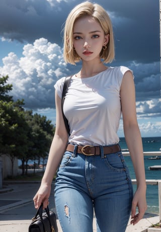 (masterpiece, best quality), android18, earrings, denim, belt, short jeans, lora:android_18:1, outdoor, day, thunderstorm in background, cloud, android18