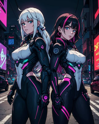 beautiful, linework, thick outlines, strong shadows, 
movie poster of (2girls, twin girls:1.1), long white multicolored hair, back-to-back, posing, confident, closeup shot, looking at viewer, standing, cyberpunk assassin outfit, techwear, advanced technology, dark dystopia, mechanical parts, neon, earrings, amethyst jewels, northern lights in background,