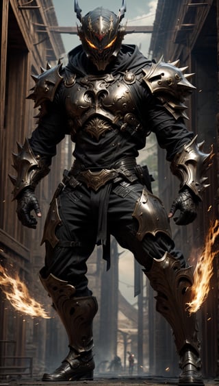 photorealistic, high resolution, soft light work of art,1man, Picture a young man in fighting stance, muscular body, short spiky black hair, full body,  Wide Shot,  wallpaper,  (cinematic dramatic light),  (detailed black armored suit, ripped),  (armored weapon:1),  arcane,  wind magic,  magic surrounds,  mesmerizing,  visual effects,  fire flying all over the shinning sky,  creepy sad laughing demon mask,  assassin weapon,  perfect hands,  sacred fantasy, dynamic pose, ancient portal in the background, JINKUNGFU, Male focus, Hard Gay focus,bara