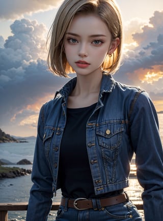 (masterpiece, best quality), android18, earrings, denim, belt, short jeans, lora:android_18:1, outdoor, day, thunderstorm in background, black cloud, android18