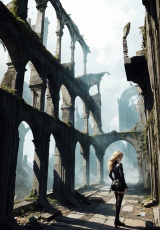 (masterpiece, best quality), 1girl, blonde hair, sidelocks, fantasy, post-apocalypse, ruins, scenery, light particle, messy hair,