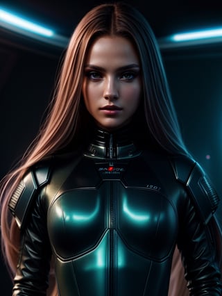 sci-fi, closeup portrait photo of very young beautiful woman in space combat clothes, face, long hair, slim body, 8k uhd, high quality, film grain
