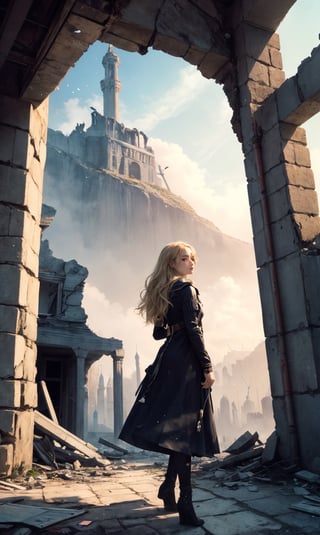 (masterpiece, best quality), 1girl, blonde hair, sidelocks, fantasy, post-apocalypse, ruins, scenery, light particle, messy hair,