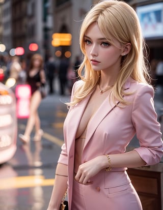 European and American women, A fashion model, wearing a light pink suit, Glamour, paparazzi taking pictures of her, Blonde hair, Brown eyes, 8K, High quality, Masterpiece, Best quality, HD, Extremely detailed, voluminetric lighting, Photorealistic