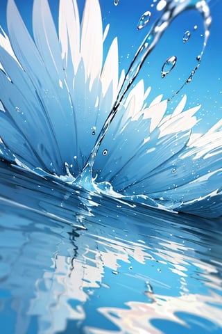 Beautiful view of gurgling water, watersplash, water droplets, water droplets, close up, very close up, reflection of light penetrating water droplets, blue sky background, not human