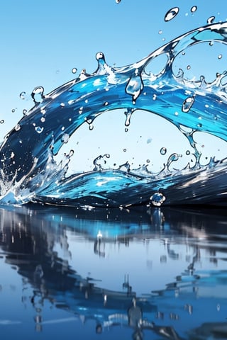 Beautiful view of gurgling water, watersplash, water droplets, water droplets, close up, very close up, reflection of light penetrating water droplets, blue sky background, not human