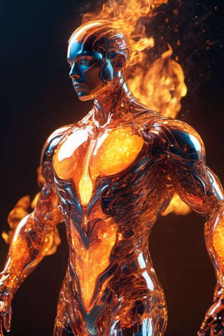 fire as part of human body, fiery, front facing, full body, front side, subsurface scattering, transparent, translucent skin, glow, bloom, Bioluminescent liquid,3d style,cyborg style,Movie Still,Leonardo Style, warm color, vibrant, volumetric light