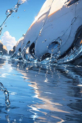 Beautiful view of gurgling water, water droplets, water droplets, close up, very close up, reflection of light penetrating water droplets, blue sky background, not human