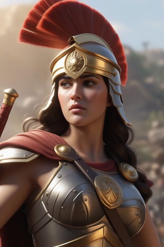 Generate an ultra-realistic high-definition image of Athena in a warrior look, positioned in the midst of a battlefield with a high level of artistic details. Pay meticulous attention to every aspect, ensuring the portrayal is both realistic and artistically refined.

Envision Athena in a powerful warrior attire that captures the essence of her mythological character. Emphasize intricate details in her armor, weaponry, and accessories, showcasing a perfect blend of divine grace and formidable strength.

Place Athena in the midst of a dynamic battlefield, featuring elements such as fallen warriors, weapons, and a landscape that communicates the intensity of the conflict. Pay attention to the positioning of Athena, capturing her poise and authority in the midst of the chaos.

Consider the lighting conditions carefully, creating a realistic interplay of light and shadow on Athena's figure and the battlefield. Enhance the overall aesthetic with details like dust particles, dynamic compositions, and subtle atmospheric effects that contribute to the realism and artistic appeal.

The objective is to generate an ultra-realistic HD image that not only portrays Athena as a formidable warrior but also incorporates a high level of artistic detail, transforming the scene into a visually captivating representation of mythological prowess on the battlefield.