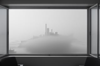 very wide shot,distant screen,eye-level,city outside the window,(( vague  white fogs)),front view,gray scale,perspective