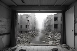 very wide shot,distant screen,eye-level,vague ruins apartment buildings under white fogs outside window,buttom-up,perspective,gray scale