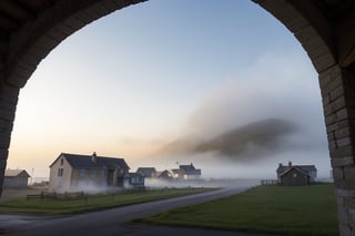 very wide shot,distant screen,eye-level, many  vague countryside buildings under fogs outside window,buttom-up,perspective