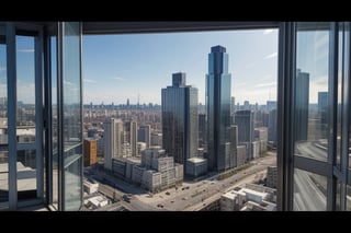 very wide shot,distant screen,eye-level,many buildings outside window,buttom-up,perspective