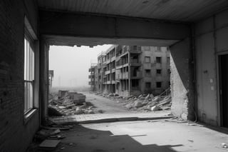 very wide shot,distant screen,eye-level,single ruins apartment ,(( vague  white fogs)),buttom-up,front view,gray scale,