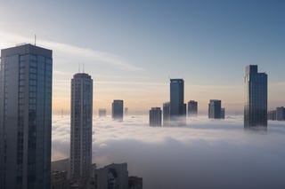 very wide shot,distant screen,eye-level,many buildings in white fogs outside window,buttom-up,perspective