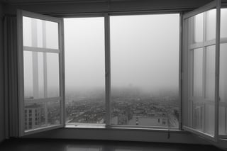 very wide shot,distant screen,eye-level,city outside the window,(( vague  white fogs)),front view,gray scale,perspective