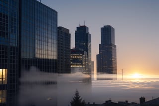 very wide shot,distant screen,eye-level,many buildings under fogs outside window,buttom-up,perspective