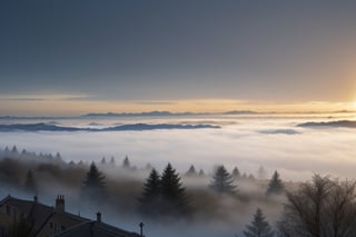 very wide shot,distant screen,eye-level,many countryside buildings under fogs outside window,buttom-up,perspective