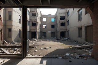 very wide shot,distant screen,eye-level,vague ruins apartment buildings under white fogs outside window,buttom-up, two-point perspective,gray scale