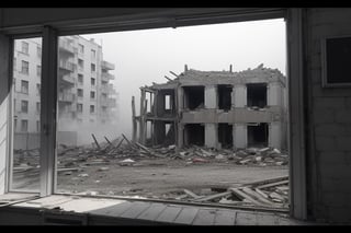 very wide shot,distant screen,eye-level,vague ruins apartment buildings under white fogs outside window,buttom-up,perspective,gray scale