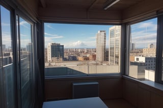 very wide shot,distant screen,eye-level,many buildings outside window,buttom-up,perspective