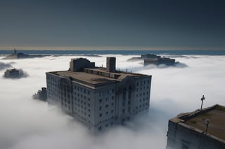 school-surrvival-horror game,ruins town cover in white fog ,aerial perspective,eye level,very wide shot,distant screen,bottom-up