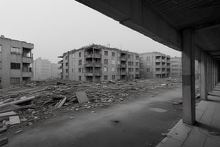 very wide shot,distant screen,eye-level, many vague ruins apartment buildings under fogs outside window,buttom-up,perspective,gray scale