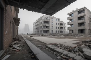 very wide shot,distant screen,eye-level,vague ruins apartment buildings under white fogs,buttom-up, two-point perspective,gray scale,