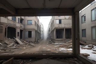 very wide shot,distant screen,eye-level,vague ruins apartment buildings under white fogs outside window,buttom-up, two-point perspective,gray scale