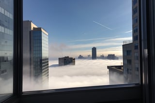 very wide shot,distant screen,eye-level,many buildings under fogs outside window,buttom-up,perspective