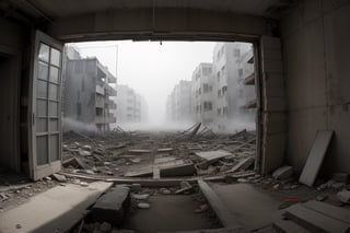 very wide shot,distant screen,eye-level, many vague ruins apartment buildings under white fogs outside window,buttom-up,perspective,gray scale