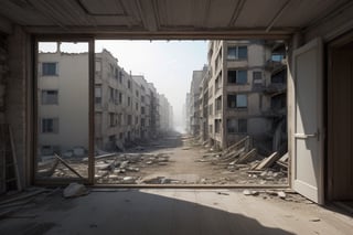 very wide shot,distant screen,eye-level,vague ruins apartment buildings under white fogs outside window,buttom-up, two-point perspective,gray scale