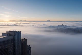 very wide shot,distant screen,eye-level,many buildings in white fogs outside window,buttom-up,perspective