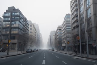 very wide shot,distant screen,eye-level, many  vague apartment buildings under fogs outside window,buttom-up,perspective