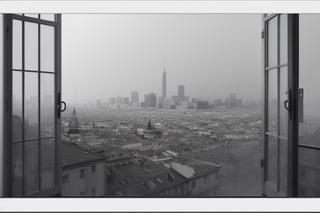 very wide shot,distant screen,eye-level,city outside the window,(( vague  white fogs)),front view,gray scale,perspective